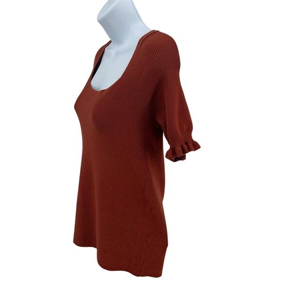 Loft Blouse Top WMNS L Ribbed Knit Rust Orange Ruffled Short Sleeve Square Neck - Picture 3 of 6